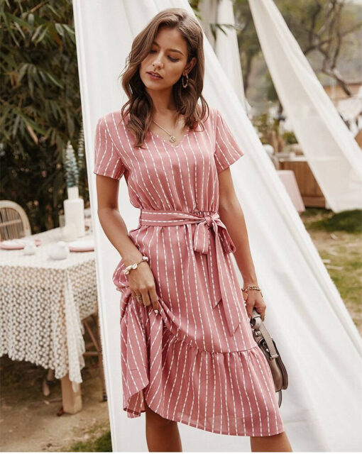 Robe Femme Longue Bohème Chic - Manches Courte, Coupe Fluide, Col V, Poches - Tenue Décontractée Été