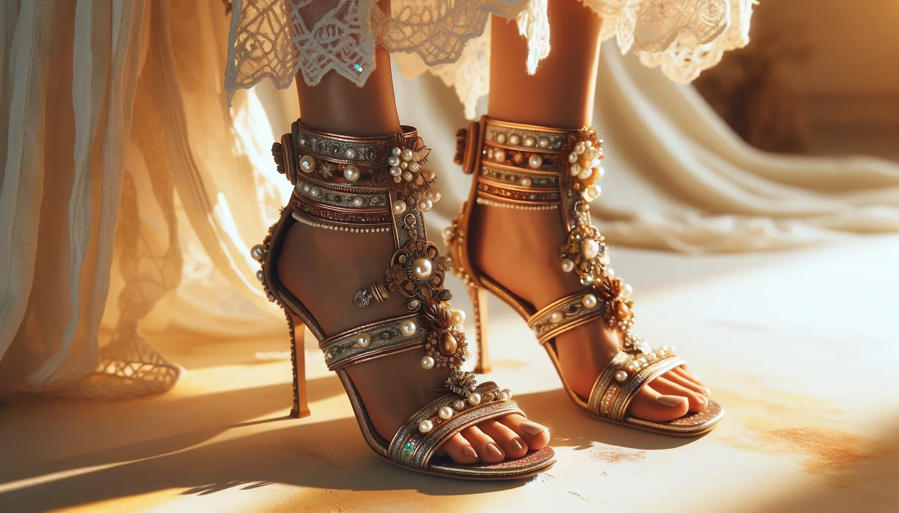 Sandales à talons style bohème ornées de perles et de gemmes, mises en valeur par une lumière douce et chaleureuse