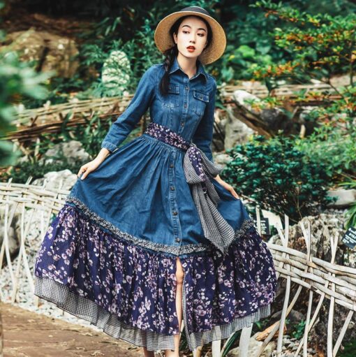 Robe En Jean Hippie À Patchwork Floral