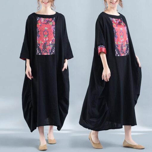 Robe Hippie Chic D'Été Ample Noire Décontractée – Image 5