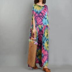 Robe Maxi Longue Hippie À Manches Courtes Couleurée