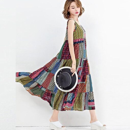 Robe Hippie Sans Manches À Imprimé Patchwork Ample – Image 2