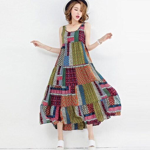Robe Hippie Sans Manches À Imprimé Patchwork Ample – Image 4