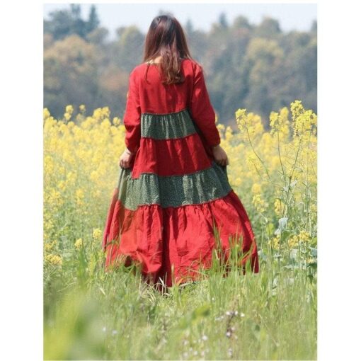 Robe Hippie Bohème À Franfreluche Rouge Et Verte