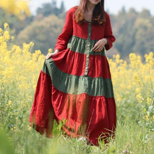 Robe Hippie Bohème À Franfreluche Rouge Et Verte – Image 2