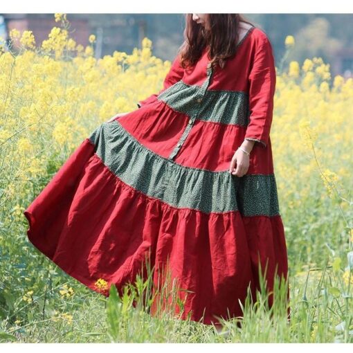 Robe Hippie Bohème À Franfreluche Rouge Et Verte – Image 3