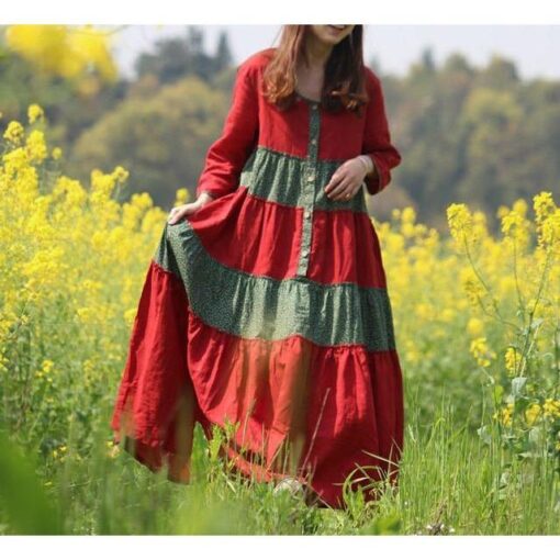 Robe Hippie Bohème À Franfreluche Rouge Et Verte – Image 4