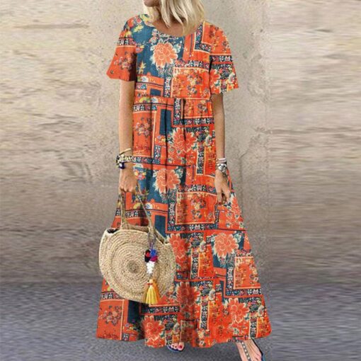 Robe Hippie Maxi À Manches Courtes Abstraite – Image 2
