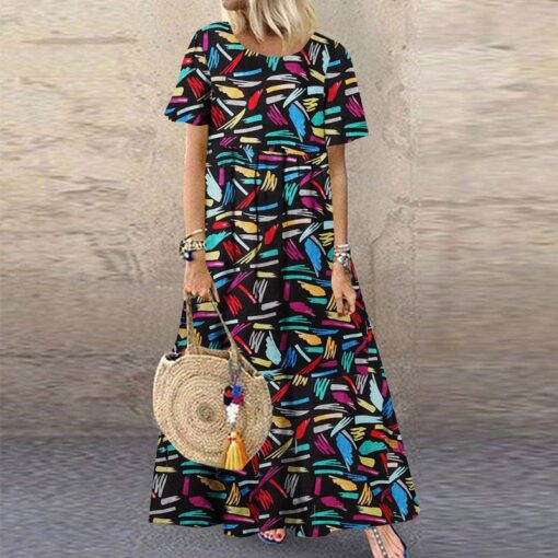 Robe Hippie Maxi À Manches Courtes Abstraite – Image 4
