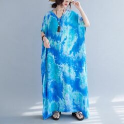 Robe Hippie Chic Caftan Bleue Tie-Dye Florale